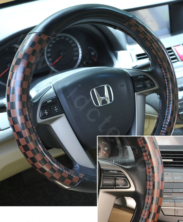 High Quality Classic Plaid PU Leather Automobile Steering Wheel Covers 15 inch 38CM - Black Coffee