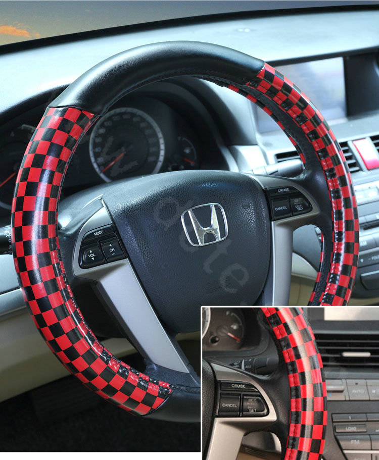 High Quality Classic Plaid PU Leather Automobile Steering Wheel Covers 15 inch 38CM - Black Red