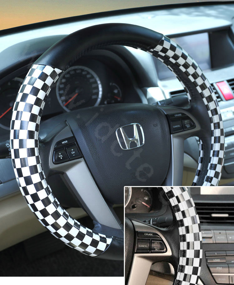 High Quality Classic Plaid PU Leather Automobile Steering Wheel Covers 15 inch 38CM - Black White