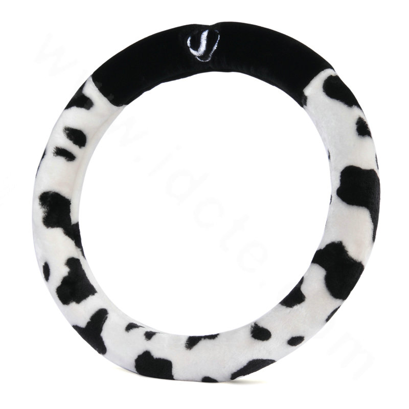 High Quality Milk Cow Print Winter Plush Car Steering Wheel Covers 15 inch 38CM - Black