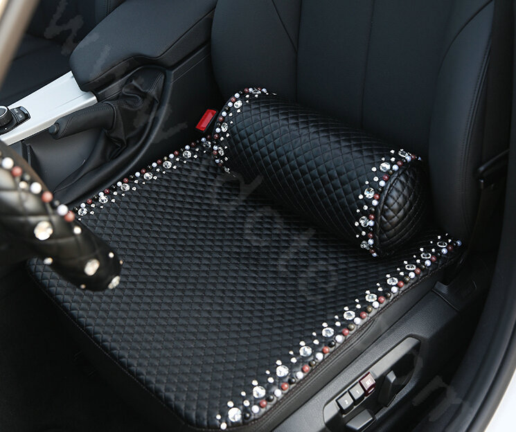 High Quality Pearl Crystal Beaded Auto Lumbar Pillow Genuine Sheepskin Support Cushion 1pcs - Black