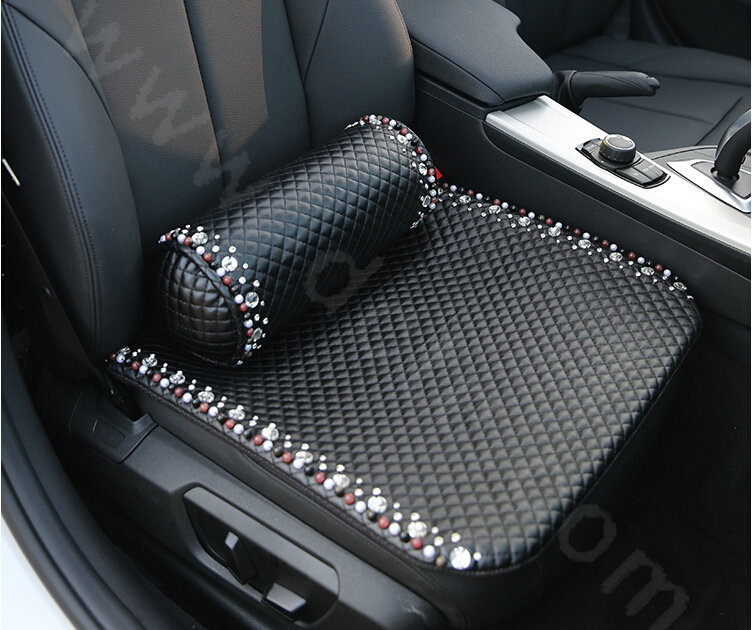 High Quality Pearl Crystal Beaded Auto Lumbar Pillow Genuine Sheepskin Support Cushion 1pcs - Black