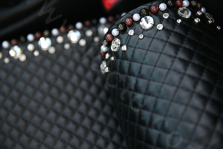 High Quality Pearl Crystal Beaded Auto Lumbar Pillow Genuine Sheepskin Support Cushion 1pcs - Black