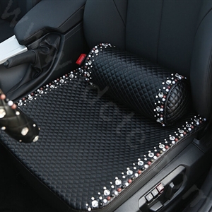 High Quality Pearl Crystal Beaded Auto Lumbar Pillow Genuine Sheepskin Support Cushion 1pcs - Black