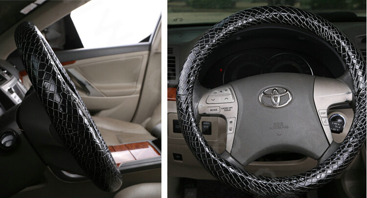 High Quality Snake Grain PU Leather Car Steering Wheel Covers 15 inch 38CM - Black