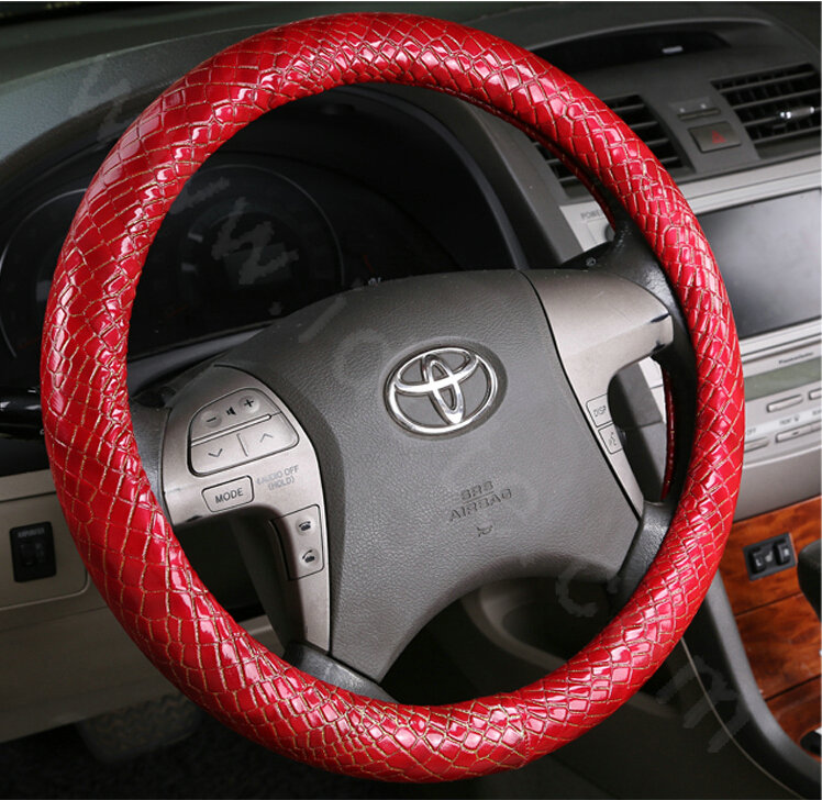 High Quality Snake Grain PU Leather Car Steering Wheel Covers 15 inch 38CM - Red