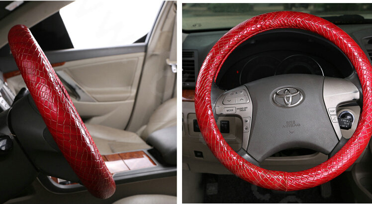 High Quality Snake Grain PU Leather Car Steering Wheel Covers 15 inch 38CM - Red