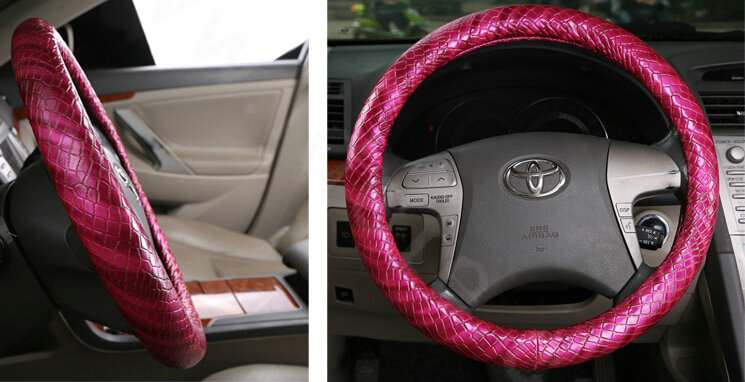 High Quality Snake Grain PU Leather Car Steering Wheel Covers 15 inch 38CM - Rose