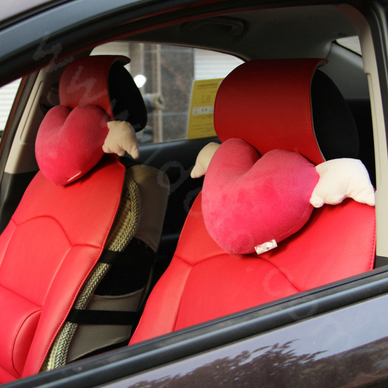 High Quality Women Heart Angel Plush Auto Neck Safety Pillow Car Accessories 2pcs - Rose