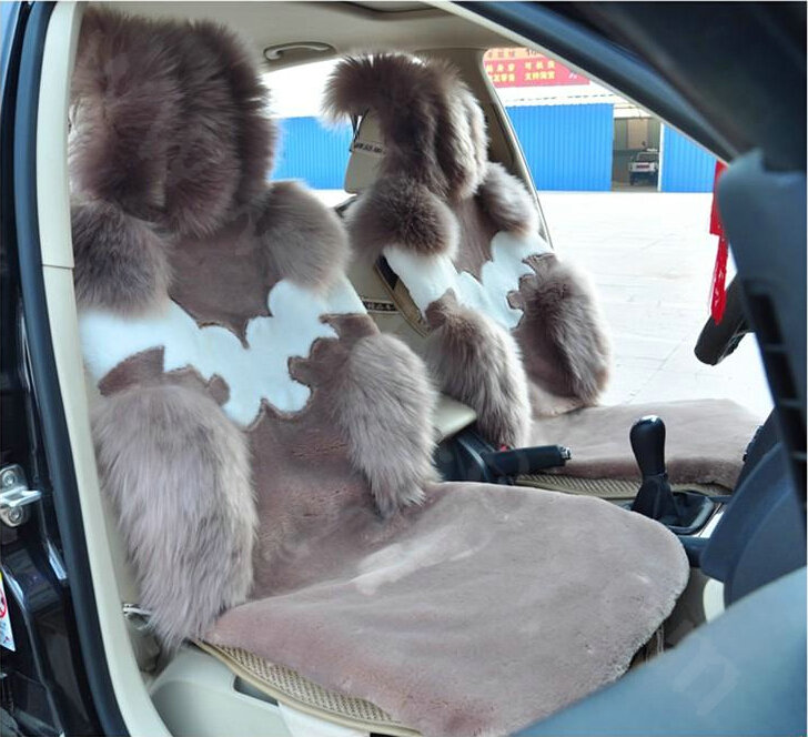 High Quality Wool Auto Cushion Universal Genuine Sheepskin Car Seat Covers 4pcs Sets - Bean Paste
