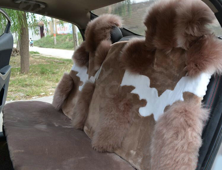 High Quality Wool Auto Cushion Universal Genuine Sheepskin Car Seat Covers 4pcs Sets - Bean Paste