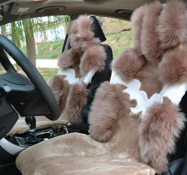 High Quality Wool Auto Cushion Universal Genuine Sheepskin Car Seat Covers 4pcs Sets - Bean Paste
