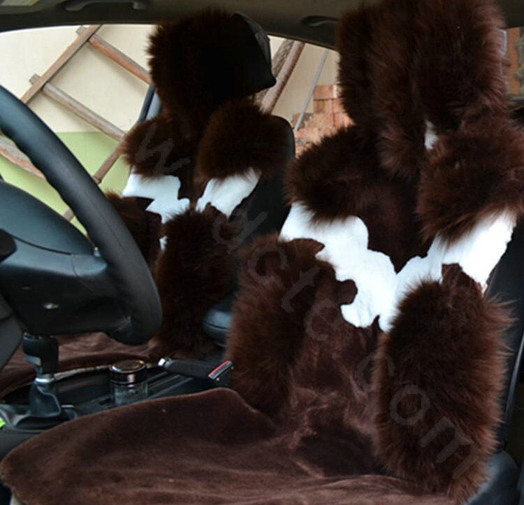 High Quality Wool Auto Cushion Universal Genuine Sheepskin Car Seat Covers 4pcs Sets - Coffee
