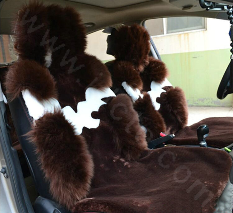 High Quality Wool Auto Cushion Universal Genuine Sheepskin Car Seat Covers 4pcs Sets - Coffee