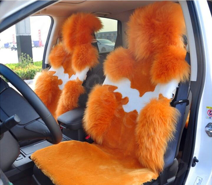 High Quality Wool Auto Cushion Universal Genuine Sheepskin Car Seat Covers 4pcs Sets - Orange