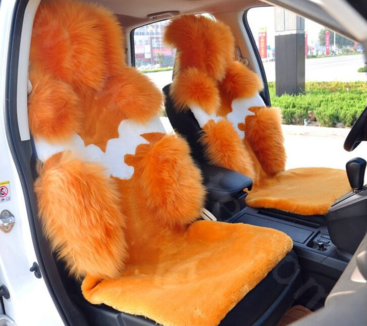 High Quality Wool Auto Cushion Universal Genuine Sheepskin Car Seat Covers 4pcs Sets - Orange