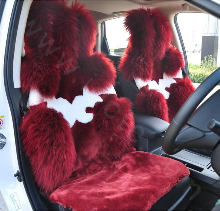 High Quality Wool Auto Cushion Universal Genuine Sheepskin Car Seat Covers 4pcs Sets - Wine Red