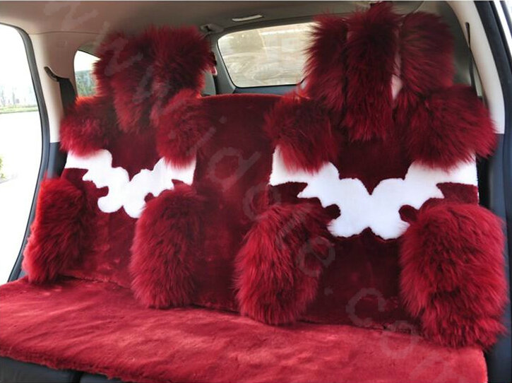 High Quality Wool Auto Cushion Universal Genuine Sheepskin Car Seat Covers 4pcs Sets - Wine Red