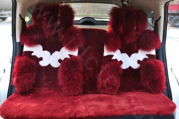 High Quality Wool Auto Cushion Universal Genuine Sheepskin Car Seat Covers 4pcs Sets - Wine Red
