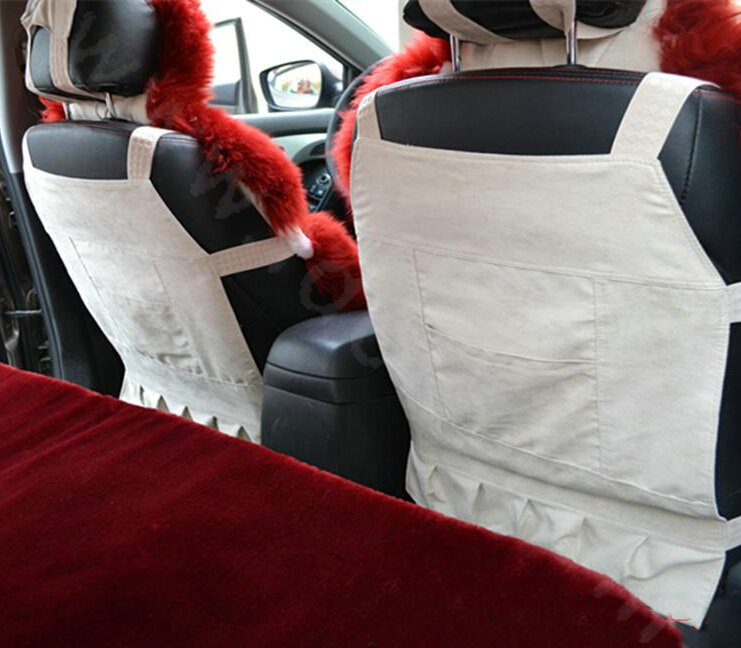 High Quality Wool Auto Cushion Universal Genuine Sheepskin Car Seat Covers 4pcs Sets - Wine Red
