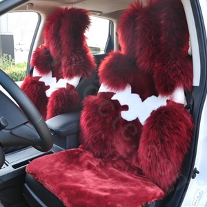 High Quality Wool Auto Cushion Universal Genuine Sheepskin Car Seat Covers 4pcs Sets - Wine Red
