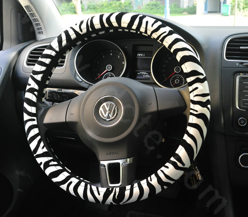 High Quality Zebra Print Flocking Car Steering Wheel Covers 15 inch 38CM - White Black
