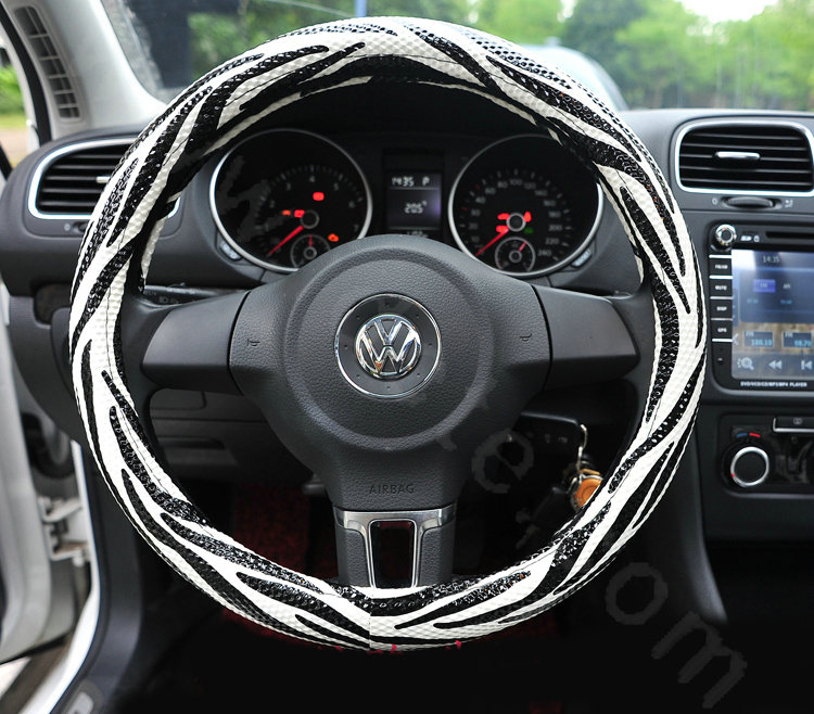 High Quality Zebra Print PU Leather Car Steering Wheel Covers 14 inch 36CM - White Black