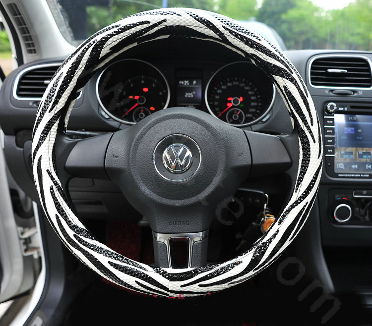 High Quality Zebra Print PU Leather Car Steering Wheel Covers 15 inch 38CM - White Black