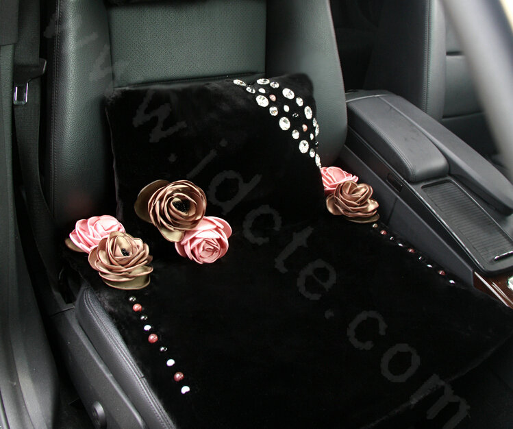High grade Crystal Pearl Rose Genuine Wool Auto Lumbar Pillow Back Support Cushion 1pcs - Black