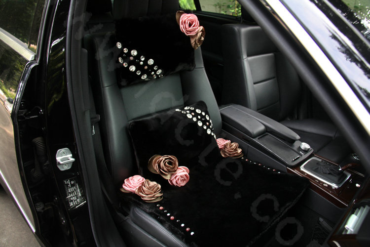 High grade Crystal Pearl Rose Genuine Wool Auto Lumbar Pillow Back Support Cushion 1pcs - Black