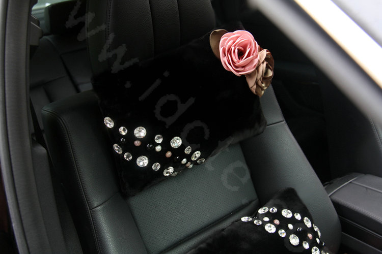 High-grade Crystal Pearl Rose Genuine Wool Auto Neck Safety Pillow Accessories 1pcs - Black