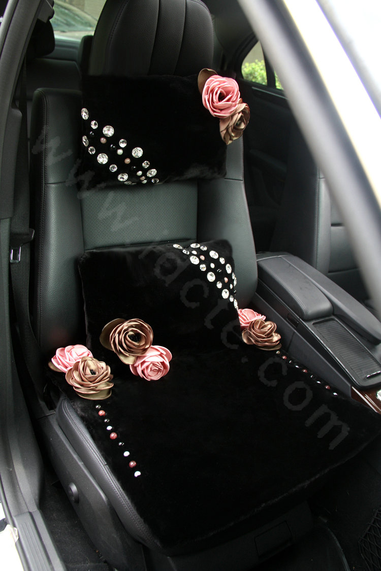High-grade Crystal Pearl Rose Genuine Wool Auto Neck Safety Pillow Accessories 1pcs - Black