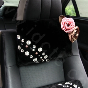 High-grade Crystal Pearl Rose Genuine Wool Auto Neck Safety Pillow Accessories 1pcs - Black