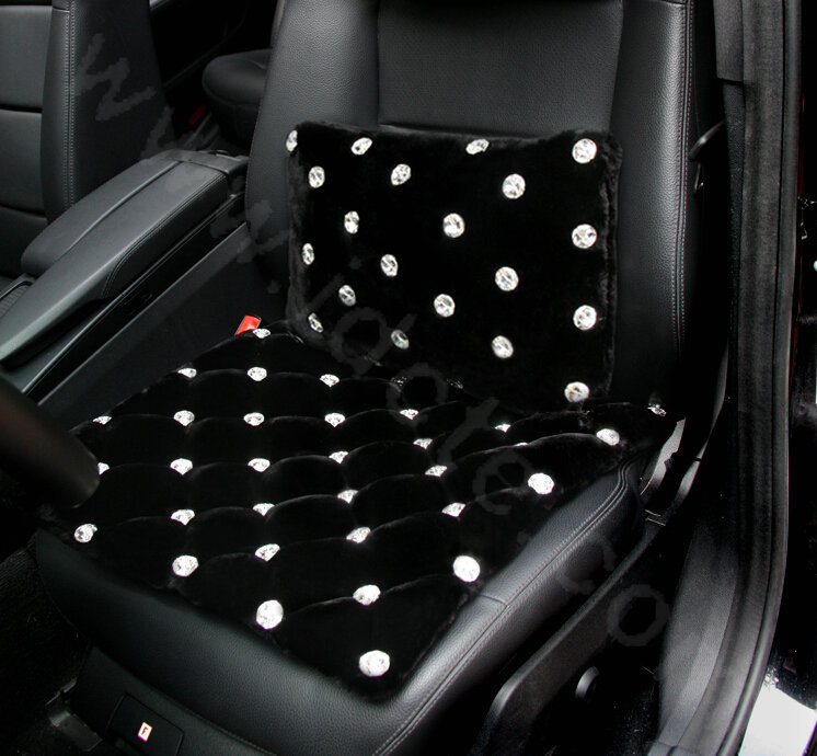 High-grade Full Rhinestone Genuine Wool Auto Lumbar Pillow Back Support Cushion 1pcs - Black