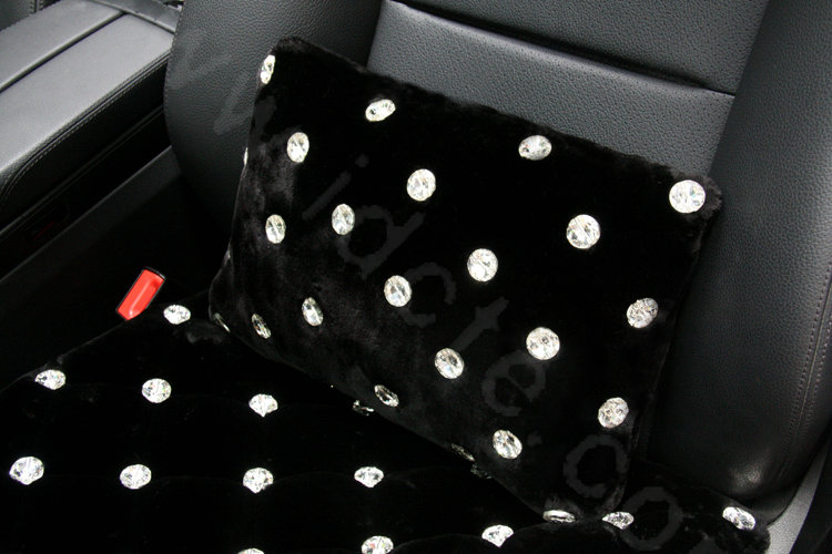 High-grade Full Rhinestone Genuine Wool Auto Lumbar Pillow Back Support Cushion 1pcs - Black