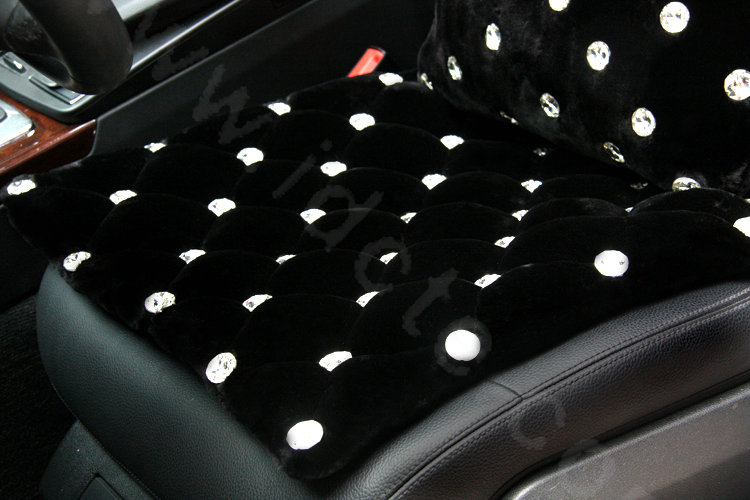 High-grade Full Rhinestone Genuine Wool Auto Lumbar Pillow Back Support Cushion 1pcs - Black