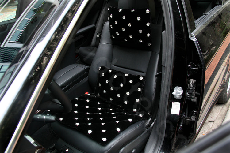 High-grade Full Rhinestone Genuine Wool Auto Lumbar Pillow Back Support Cushion 1pcs - Black