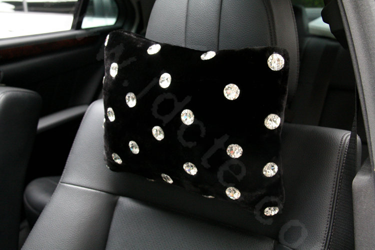 High-grade Full Rhinestone Genuine Wool Auto Neck Safety Pillow Car Accessories 1pcs - Black