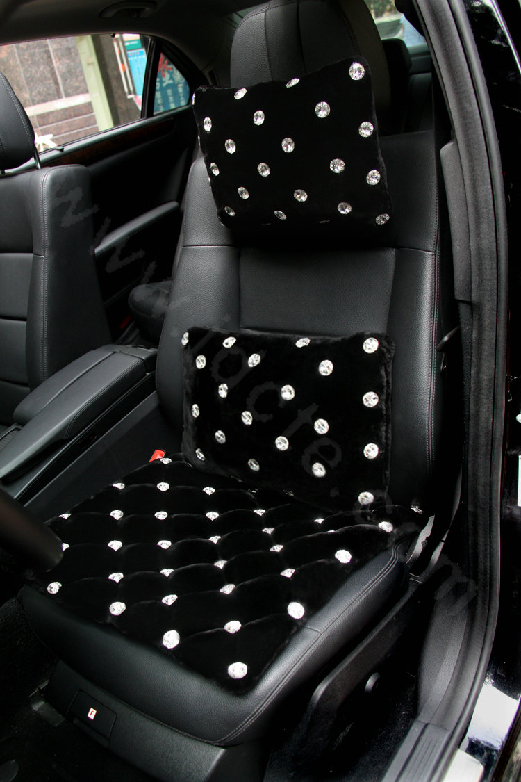 High-grade Full Rhinestone Genuine Wool Auto Neck Safety Pillow Car Accessories 1pcs - Black