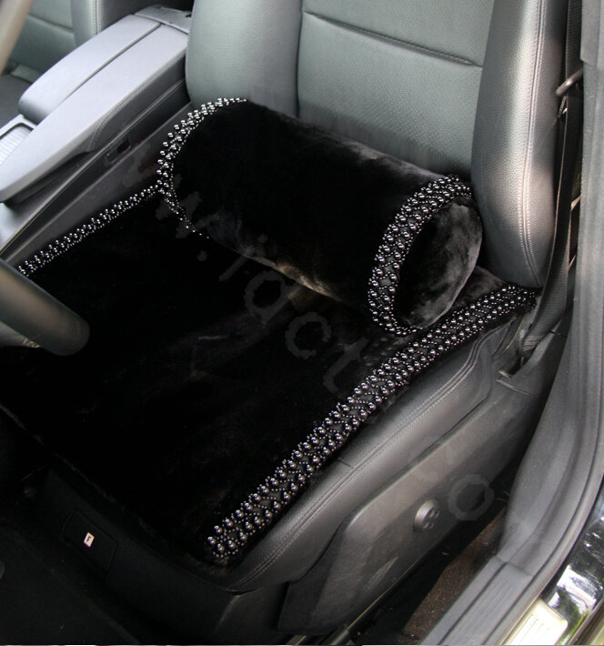 High-grade Genuine Wool Pearl Universal Car Seat Cushion Winter Auto Front Pad 1pcs - Black