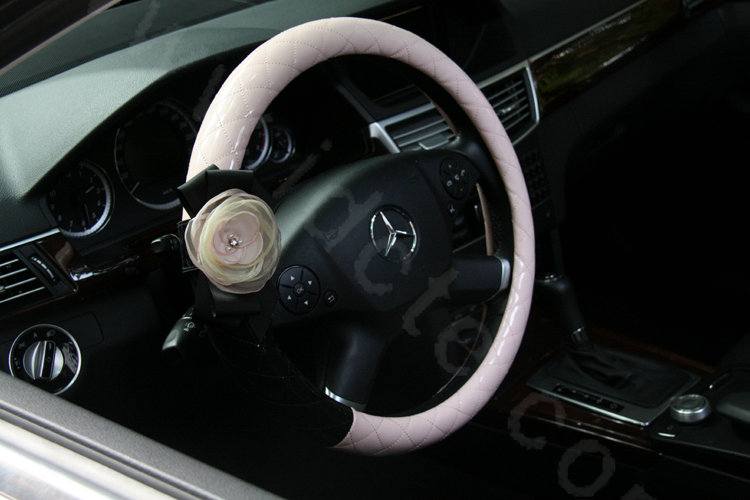 High-grade Lace Flower Patent Leather Auto Steering Wheel Covers 16 inch 40CM - Pink