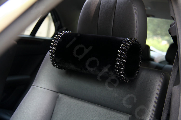 High-grade Pearl Genuine Wool Auto Neck Safety Pillow Car Headrest Accessories 1pcs - Black