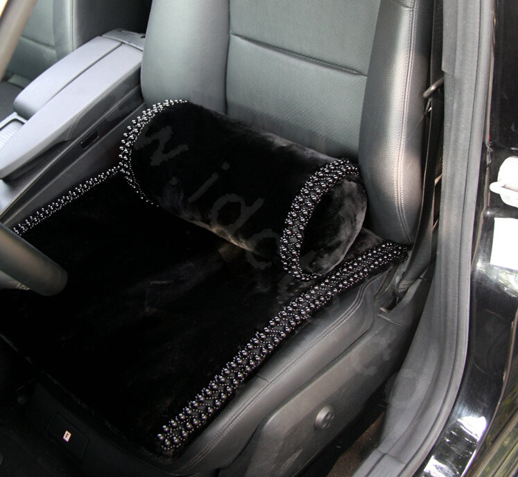 High grade Pearl Genuine Wool Car Lumbar Pillow Back Support Cushion 1pcs - Black
