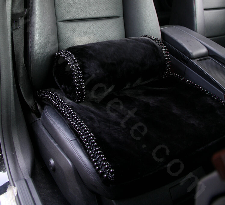 High grade Pearl Genuine Wool Car Lumbar Pillow Back Support Cushion 1pcs - Black