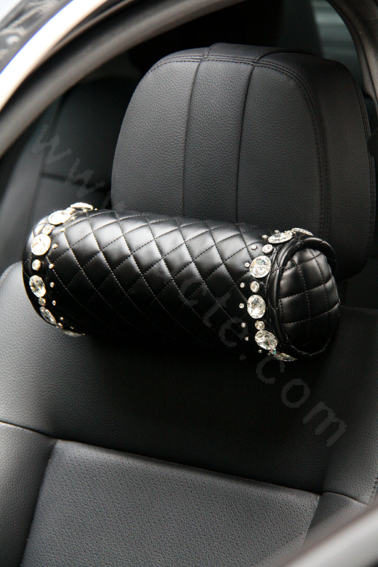 High-grade Rhinestone Car Headrest Genuine Sheepskin Neck Safety Pillow 1pcs - Black