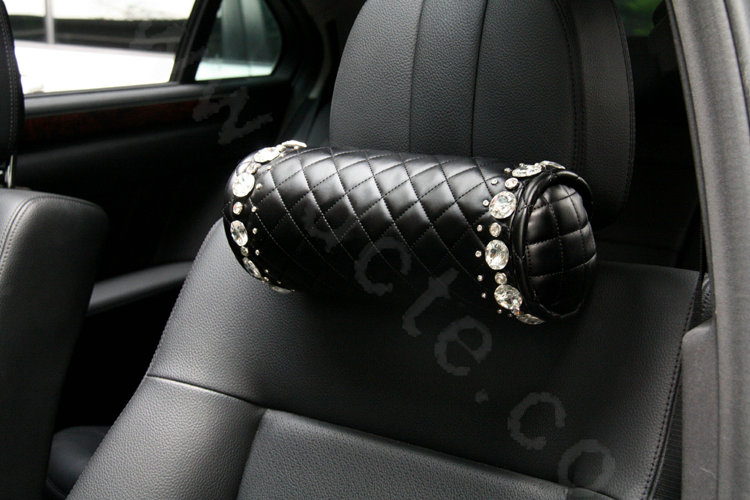 High-grade Rhinestone Car Headrest Genuine Sheepskin Neck Safety Pillow 1pcs - Black