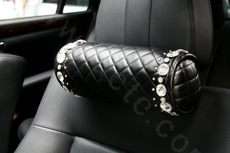 High-grade Rhinestone Car Headrest Genuine Sheepskin Neck Safety Pillow 1pcs - Black
