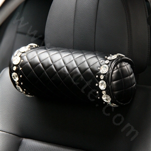 High-grade Rhinestone Car Headrest Genuine Sheepskin Neck Safety Pillow 1pcs - Black