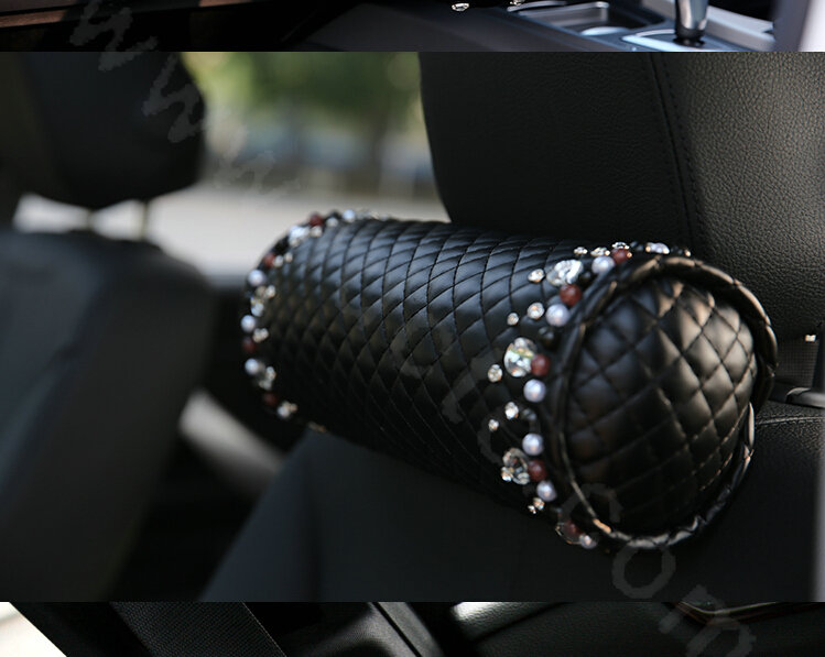 High-grade Rhinestone Car Headrest Genuine Sheepskin Pearl Neck Safety Pillow 1pcs - Black