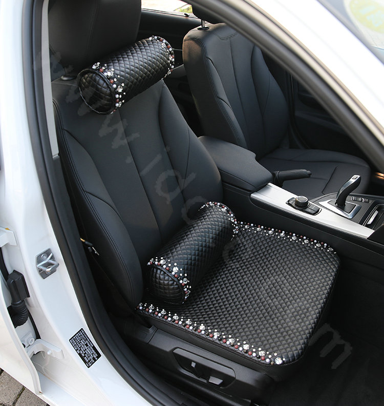 High-grade Rhinestone Car Headrest Genuine Sheepskin Pearl Neck Safety Pillow 1pcs - Black